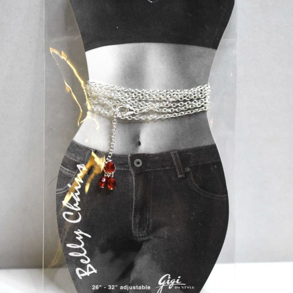 NWT GiGi Red Crystal Fringe Dangle Silver Tone Metal 26"-32" Belly Chain